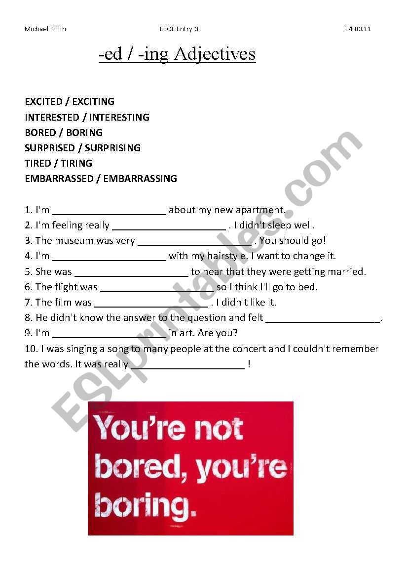 ed / ing adjectives worksheet