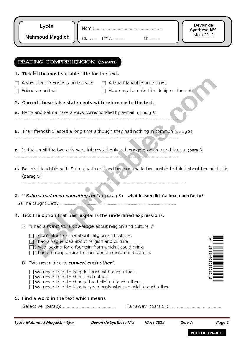 devoir synthese mars 2012 worksheet