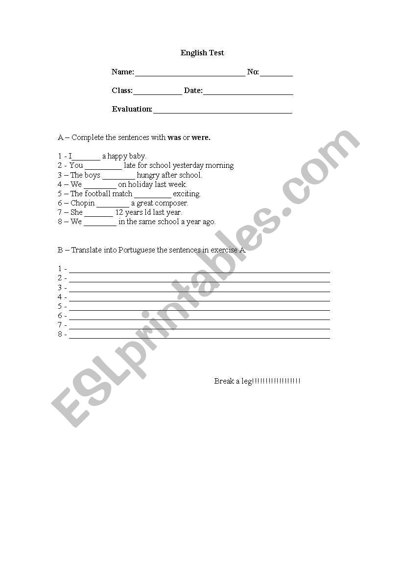 Verb To Be - Past Simple worksheet