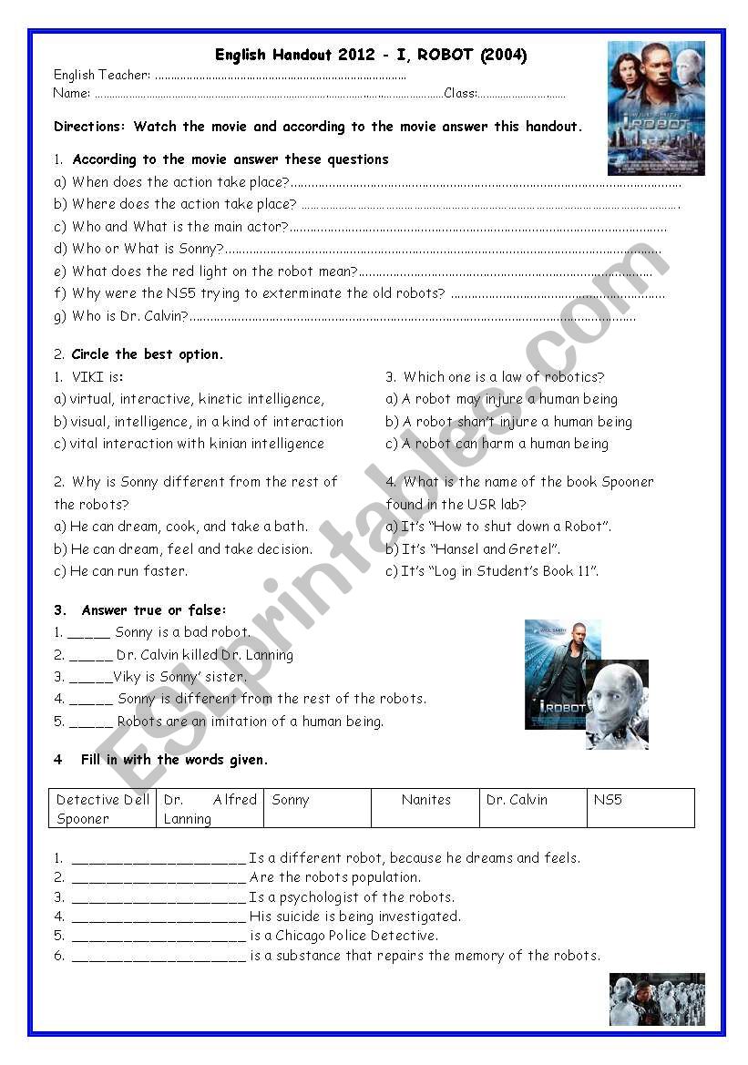 I Robot  worksheet