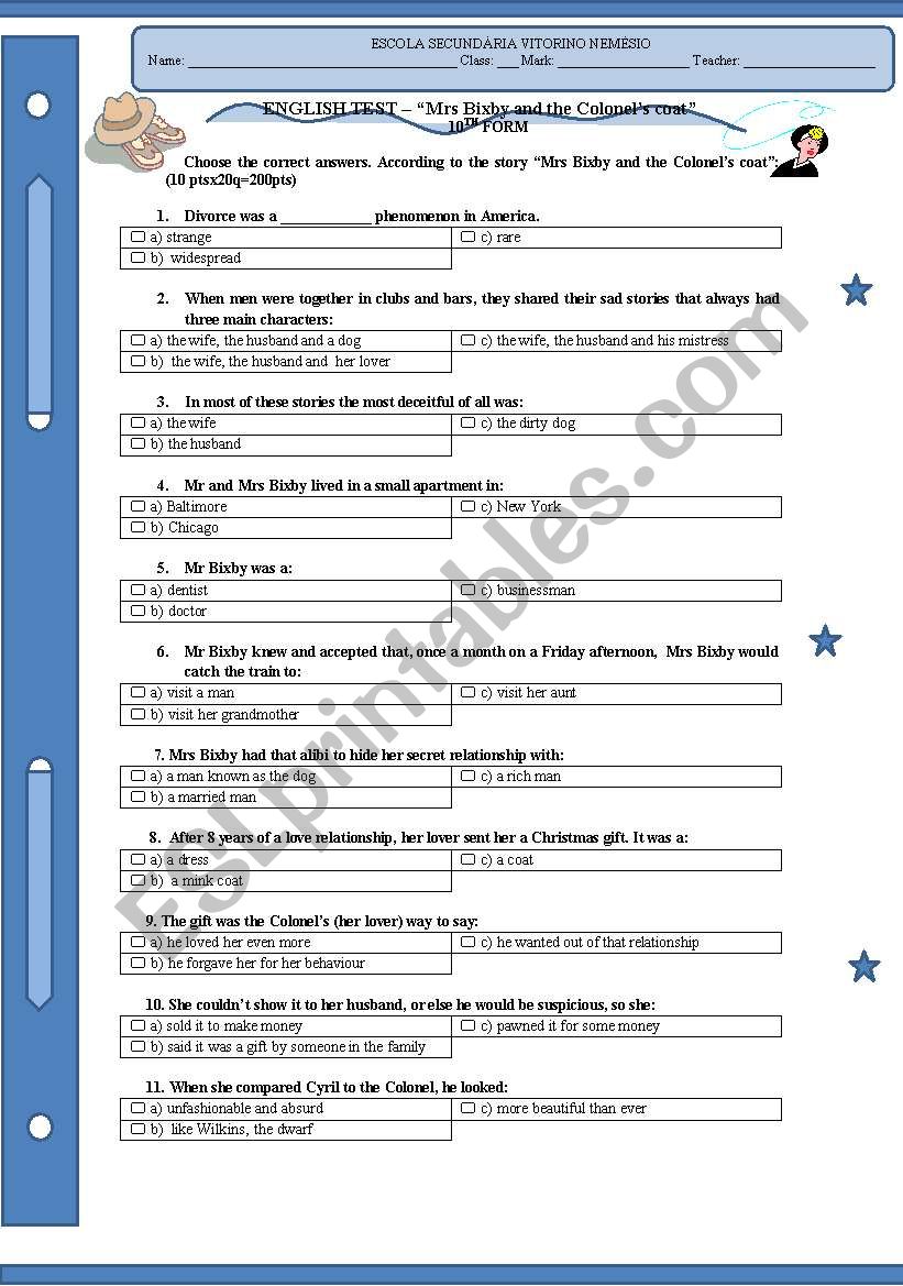 Mrs Bixby and the Colonels Coat _Multiple choice test