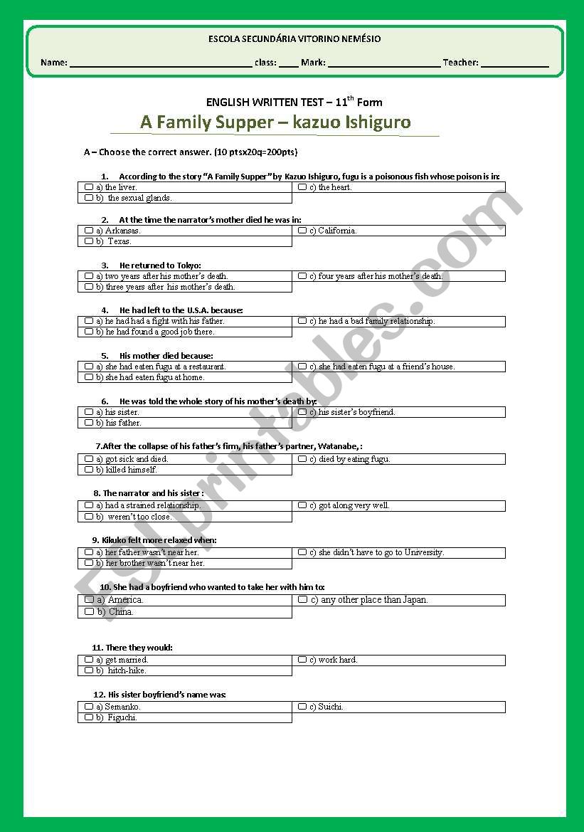 A Family Supper - Multiple Choice Test