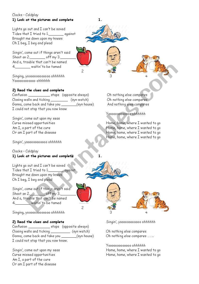 clocks by coldplay worksheet