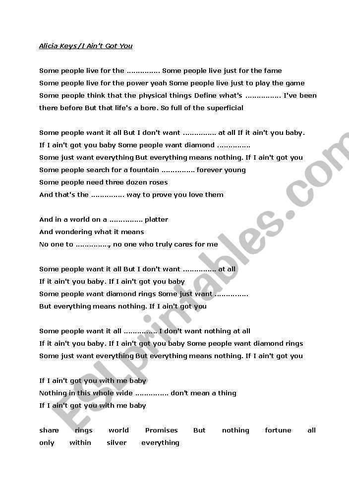 Alicia Keys/If I Aint Got You Song Worksheet