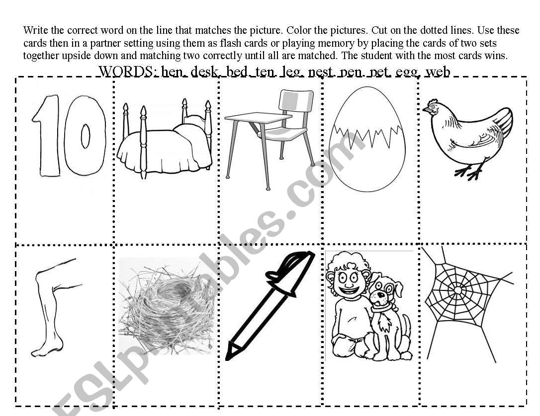 Short Vowel E Flash cards/ Memory partner Game Cards