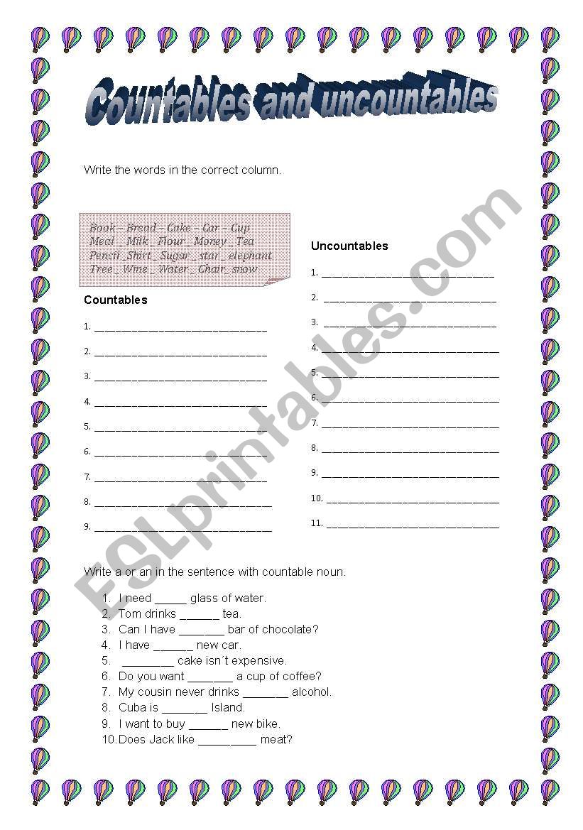 Countables and uncountables worksheet