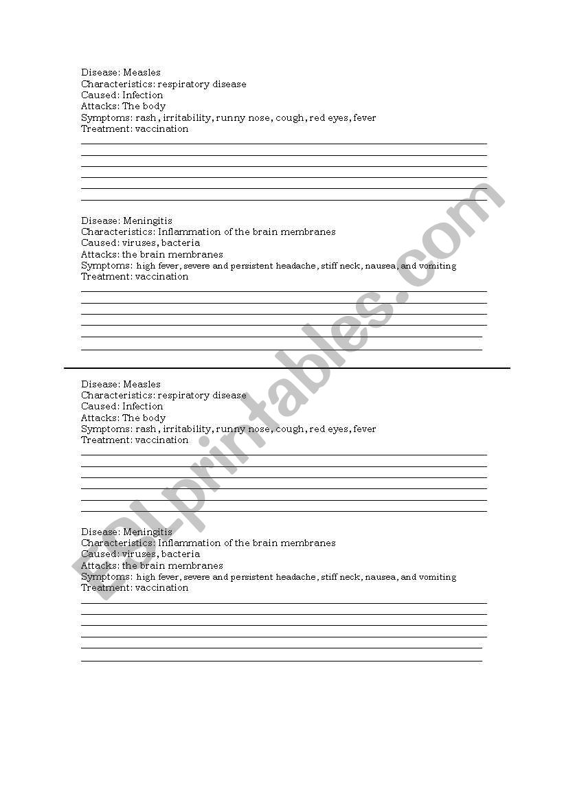 health problems worksheet