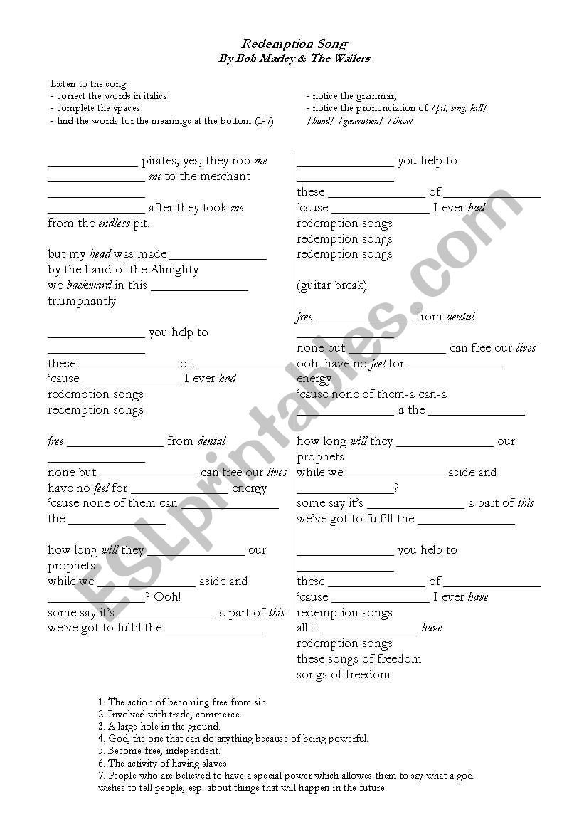 redemption song by bob marley worksheet