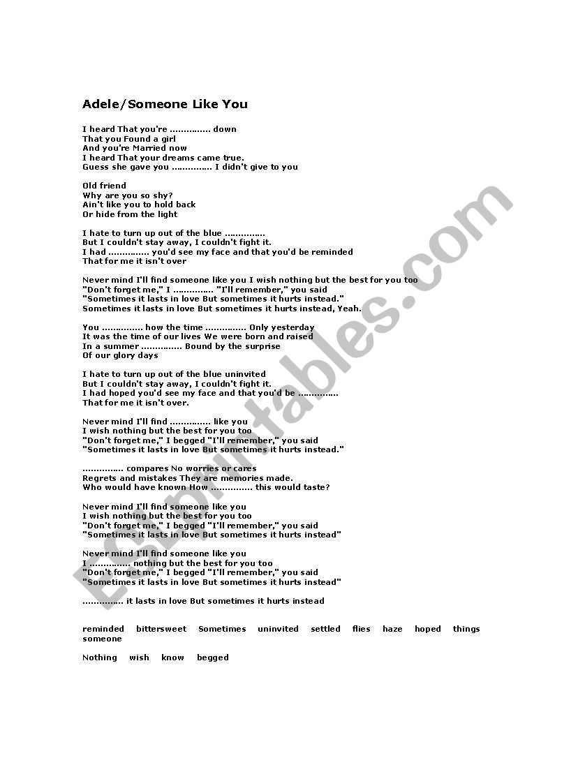 Adele/Someone Like You Song Worksheet