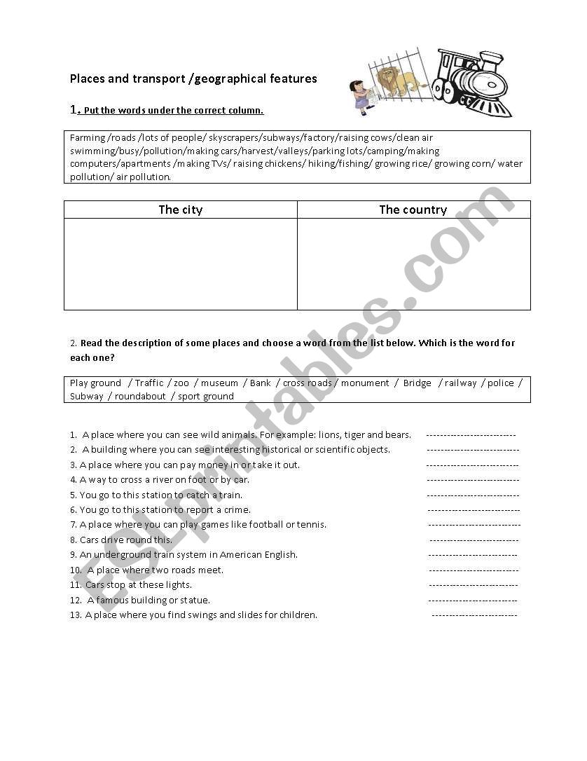 places and transport  worksheet