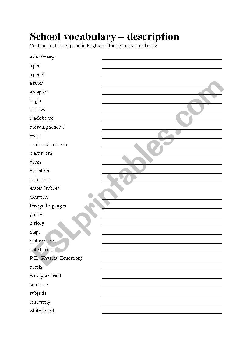 School words - description worksheet