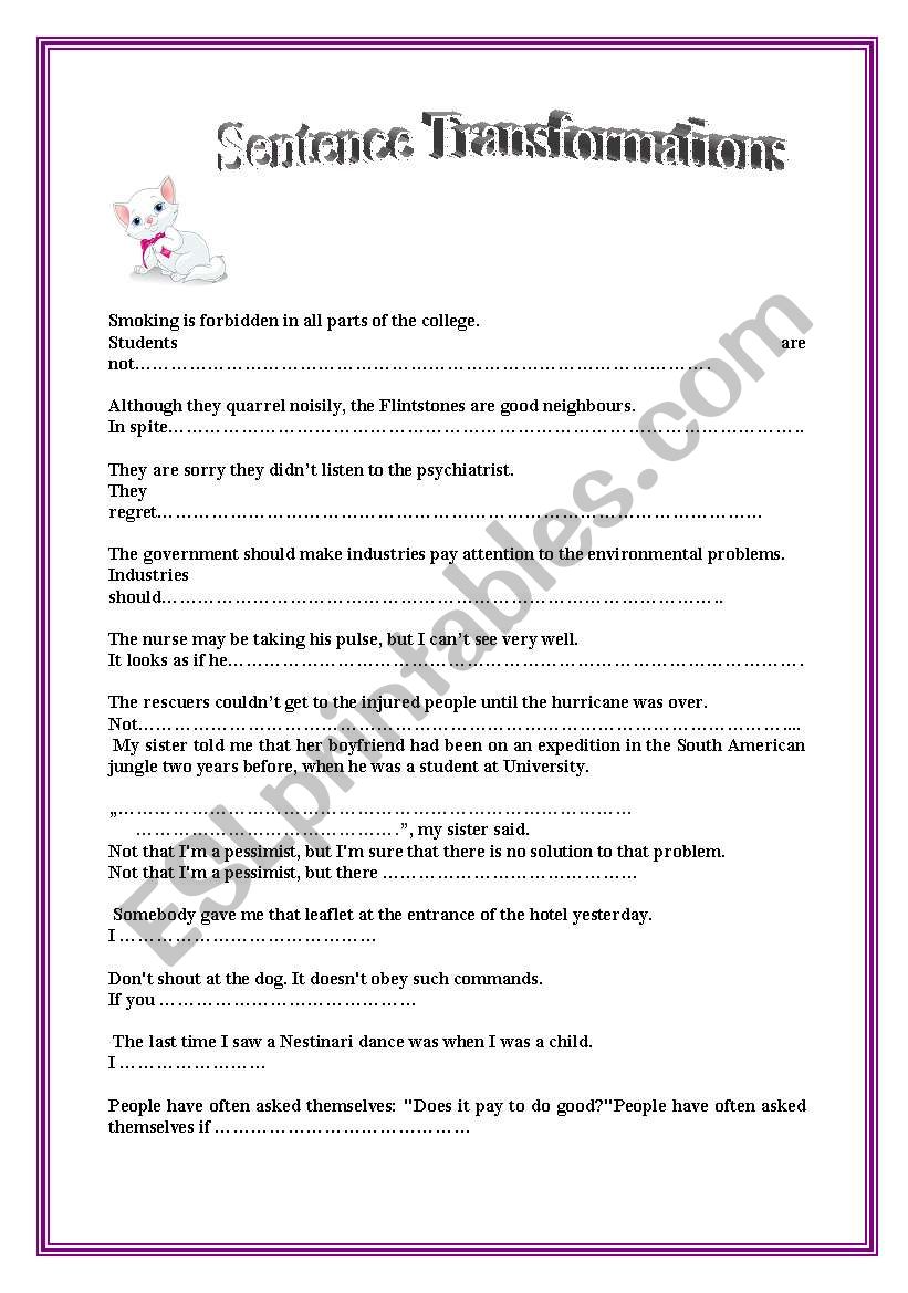 Sentence transformations worksheet