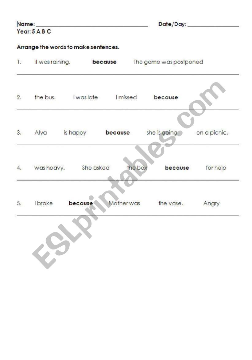 Conjunctions Worksheet Because