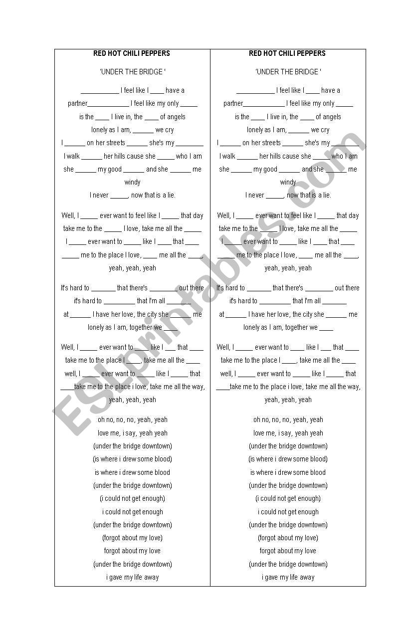 Under the bridge worksheet