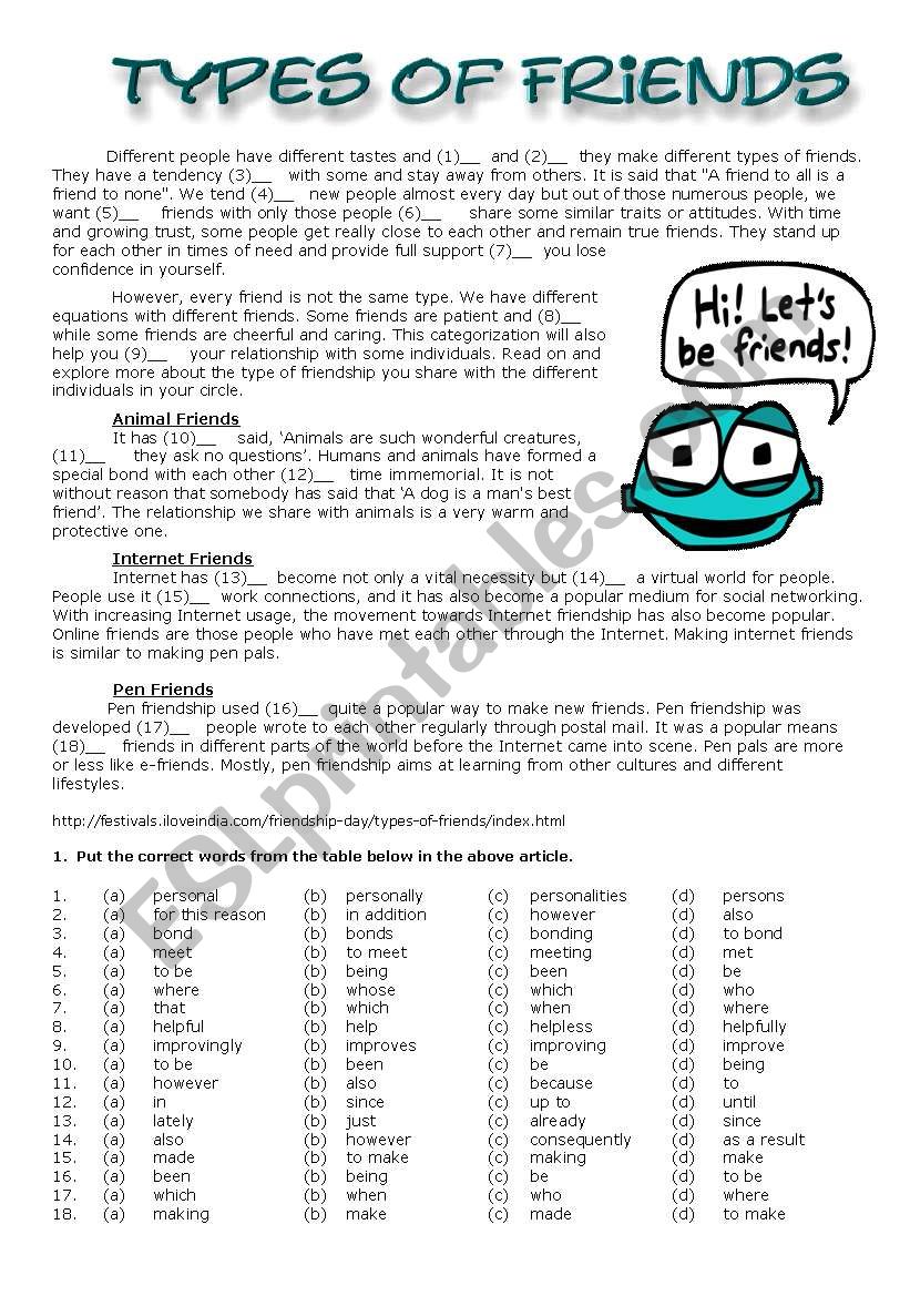 Types of Friends worksheet