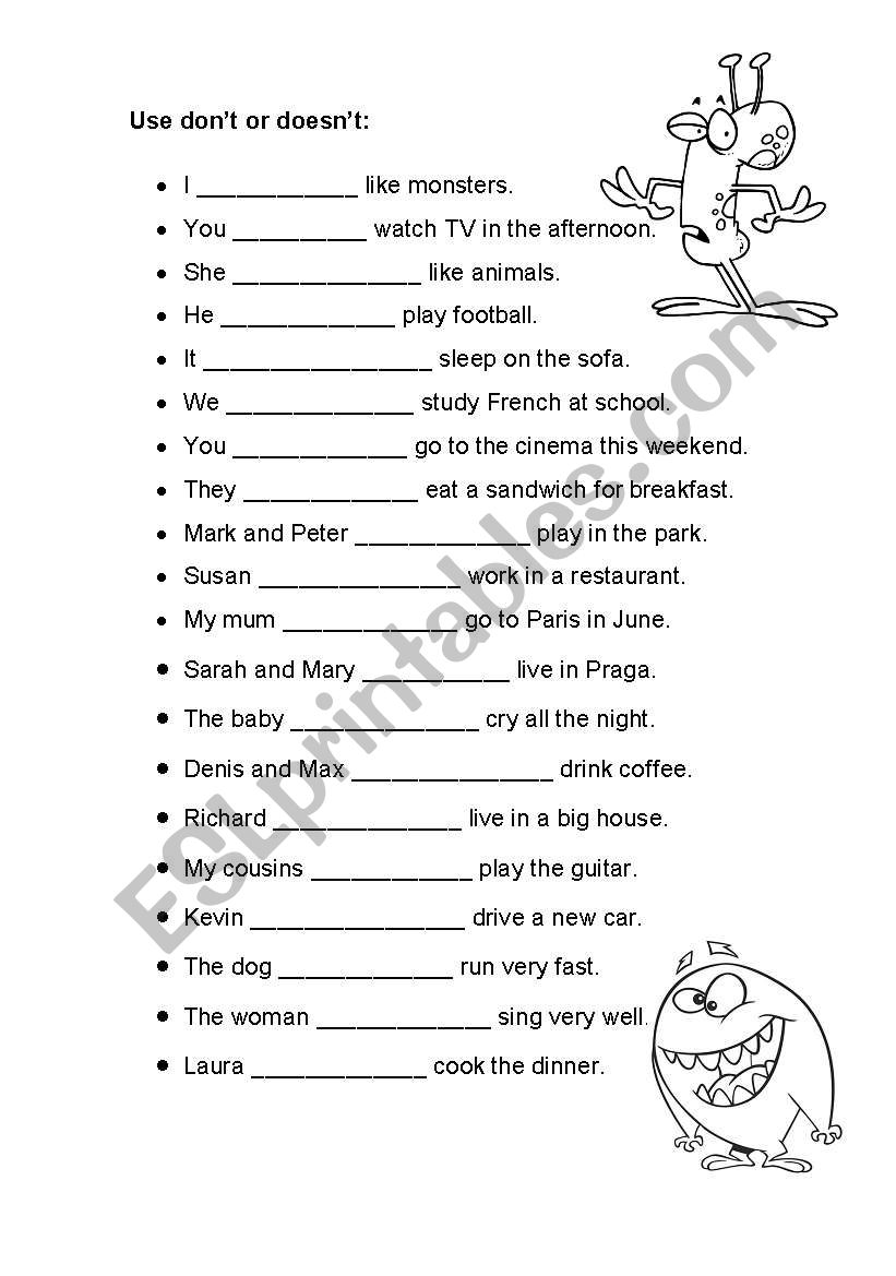 DONÂ´T or DOESNÂ´T worksheet