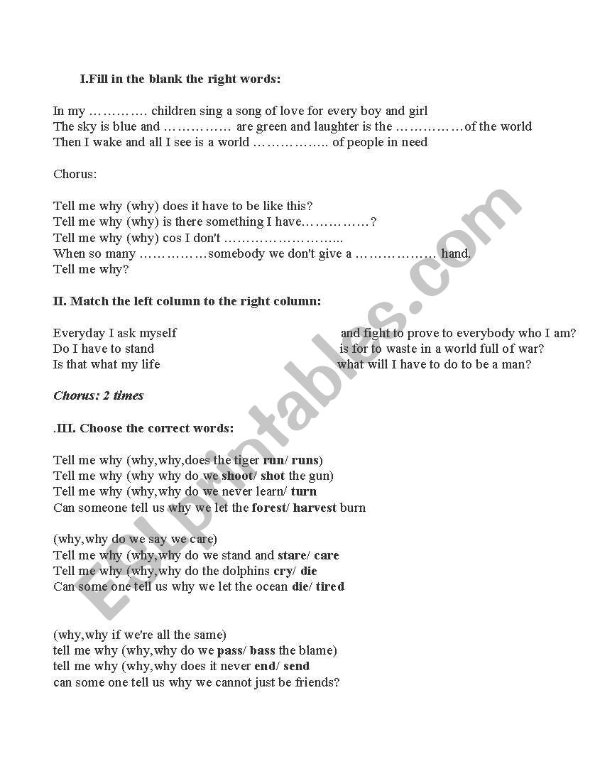 the song tell me why worksheet