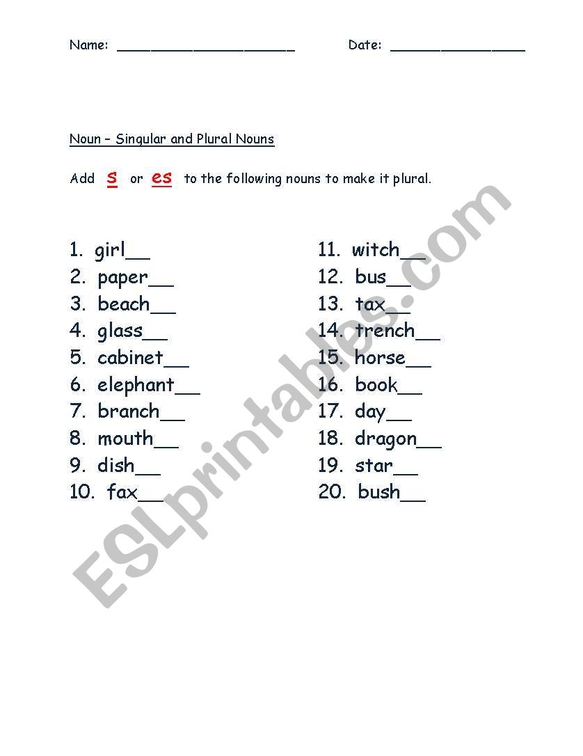 Noun- Singular and Plural worksheet