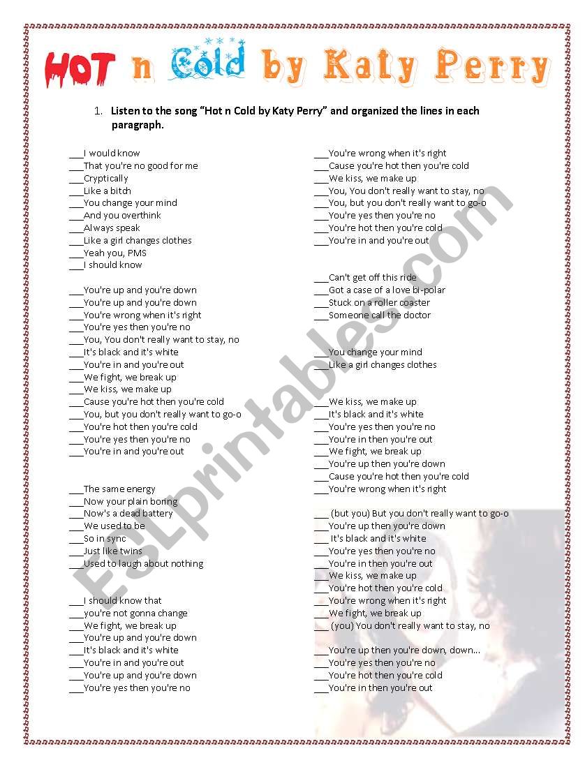 Song hot n cold by Katy Perry worksheet