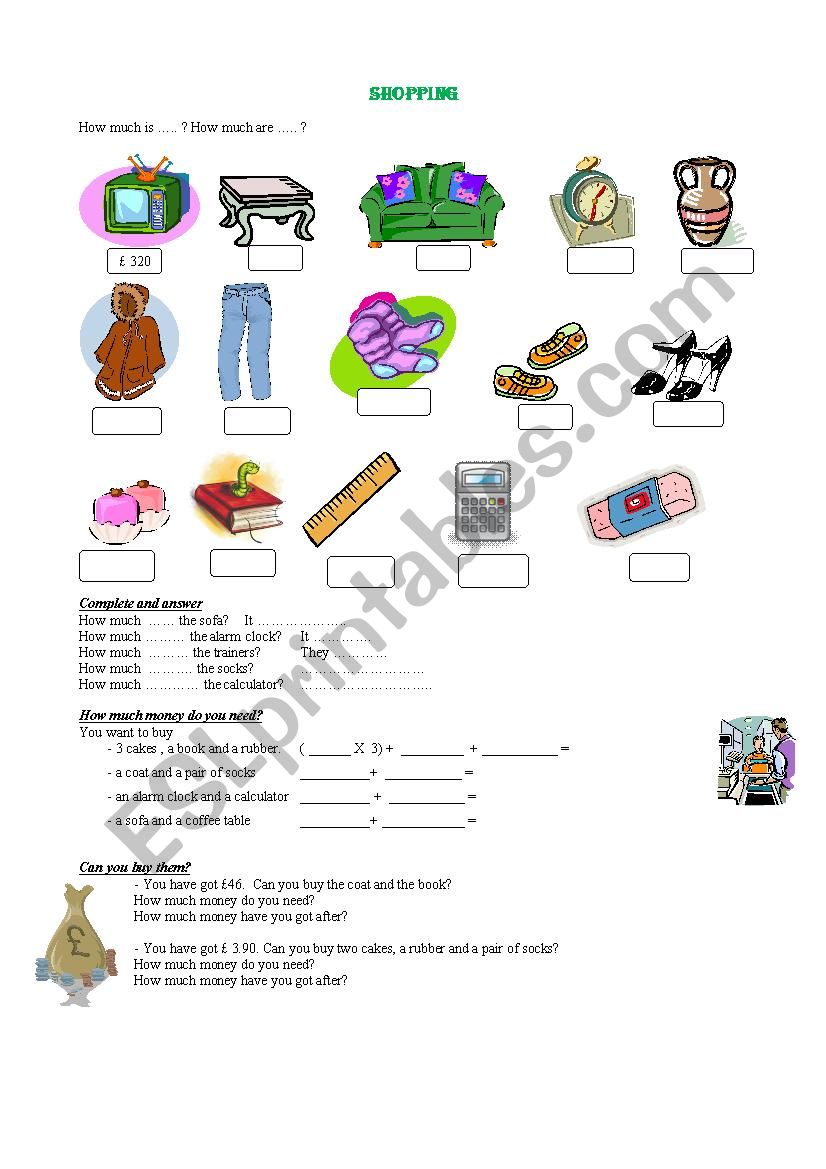 Shopping and money worksheet