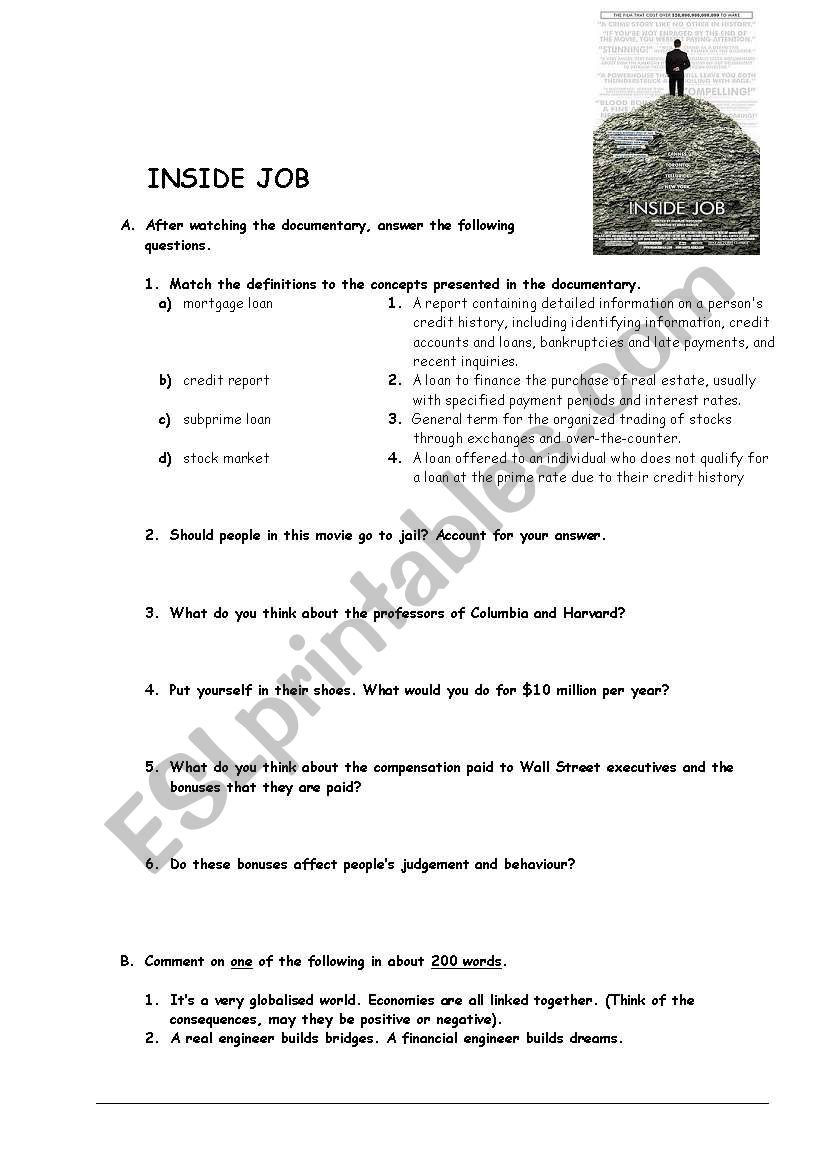 Inside Job - worksheet on the documentary