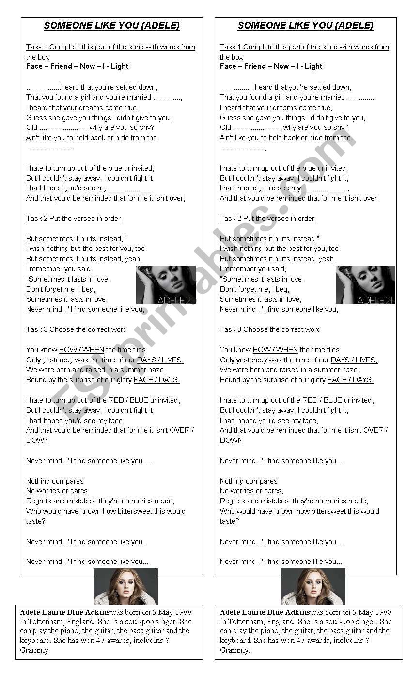 Someone like you worksheet