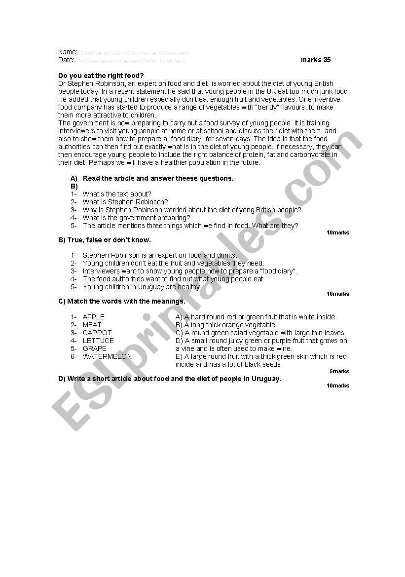 Food worksheet