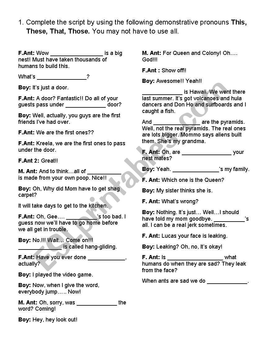 Demostrative Pronouns worksheet