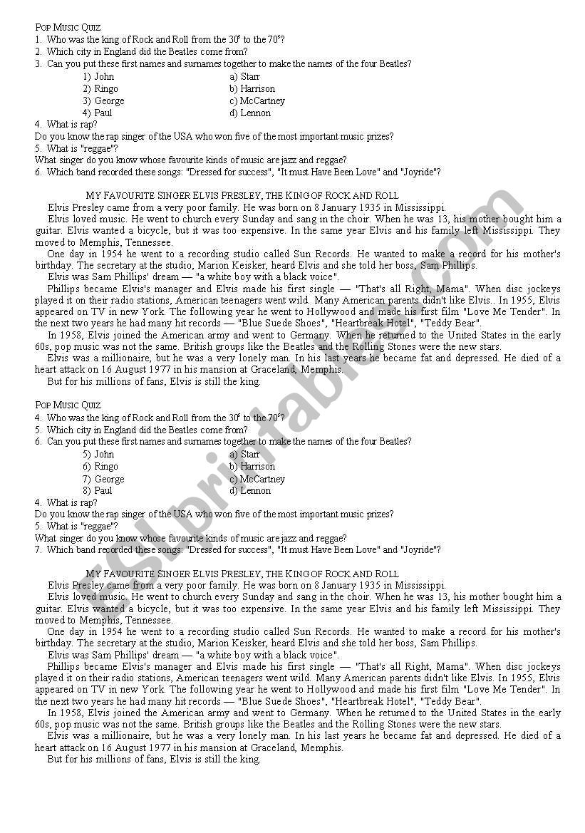 Pop music quiz worksheet