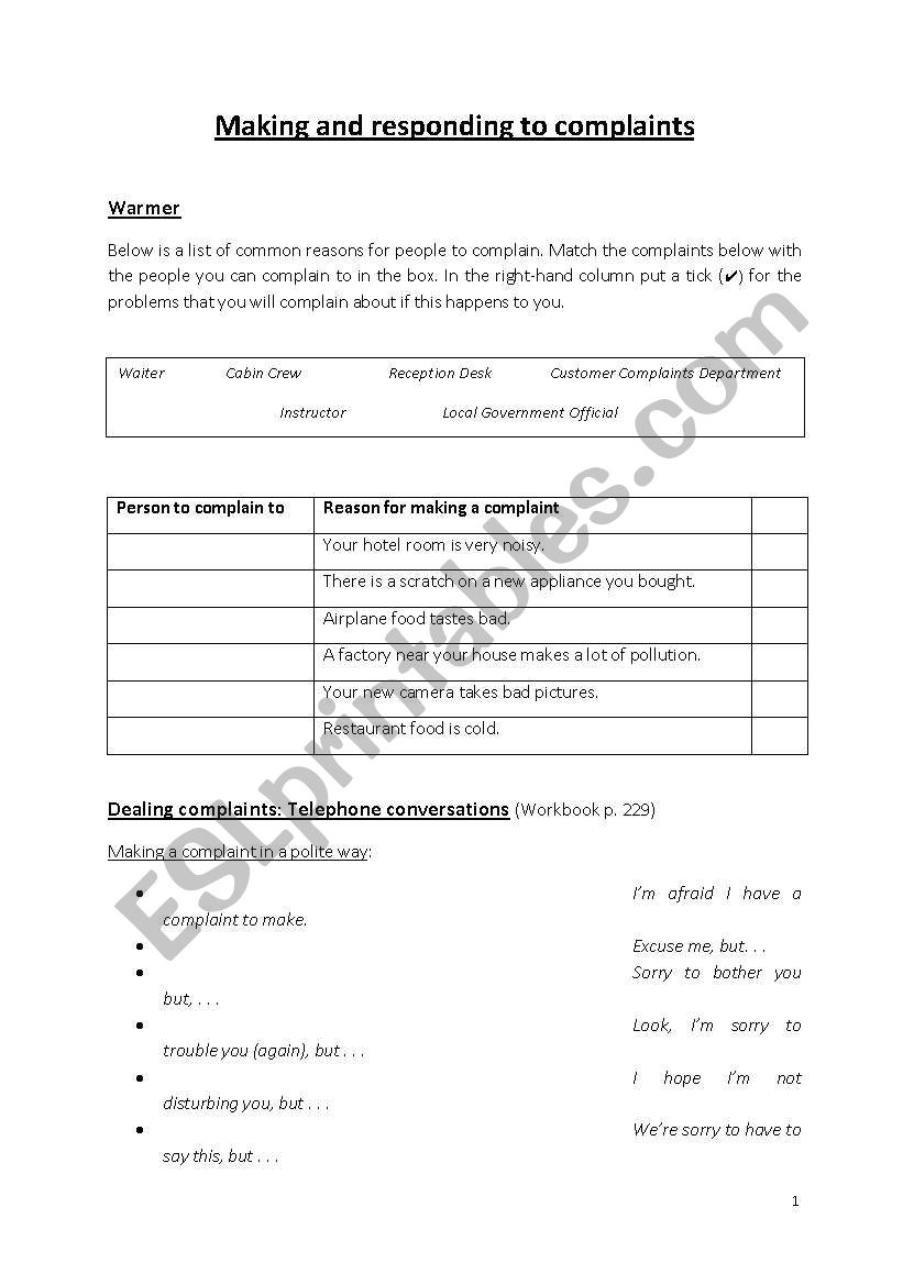 Complaints  worksheet