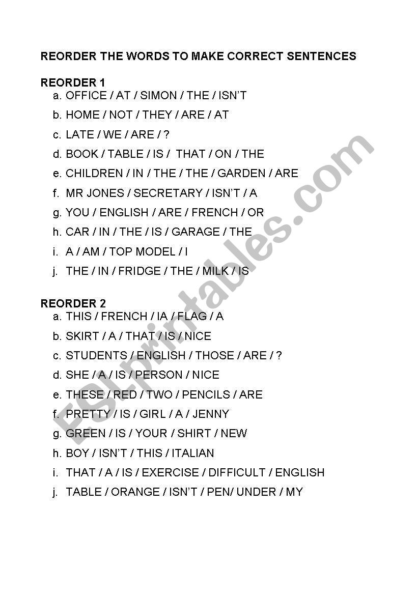 REORDER SENTENCES worksheet