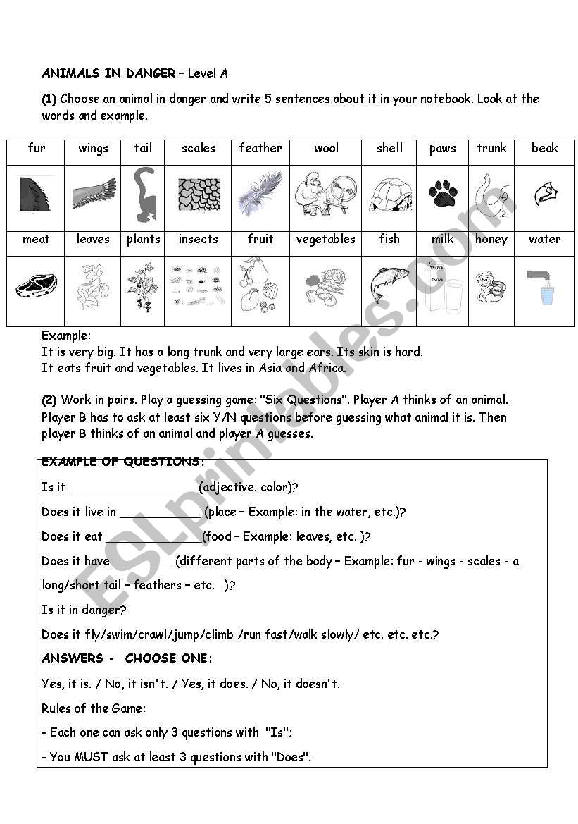 ANIMALS IN DANGER - LEVEL A worksheet