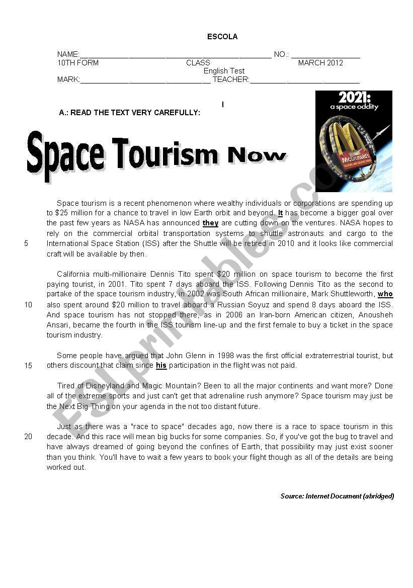 A test on Space Tourism worksheet