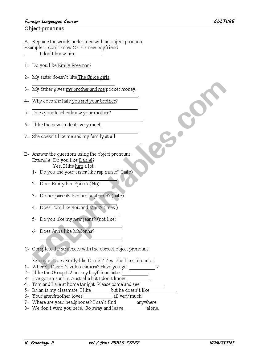 object pronouns worksheet