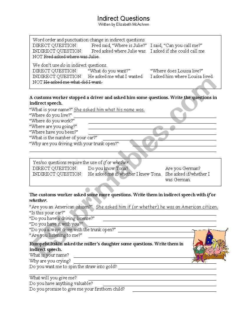 Indirect Questions Worksheet worksheet