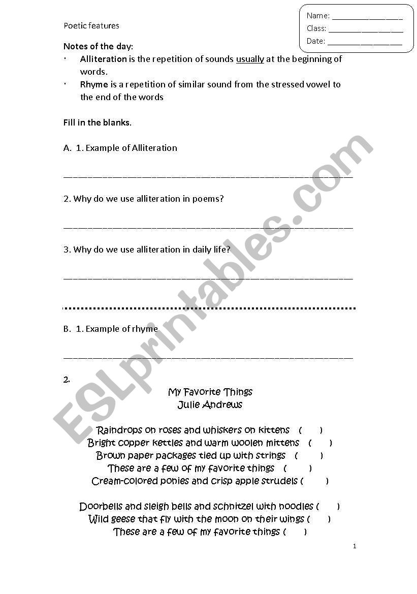 alliteration and rhyme worksheet