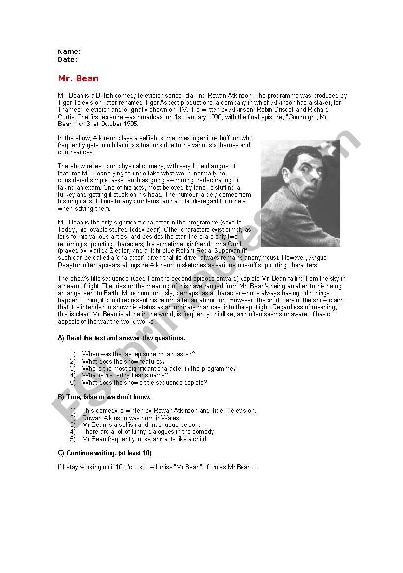 Mr Bean worksheet