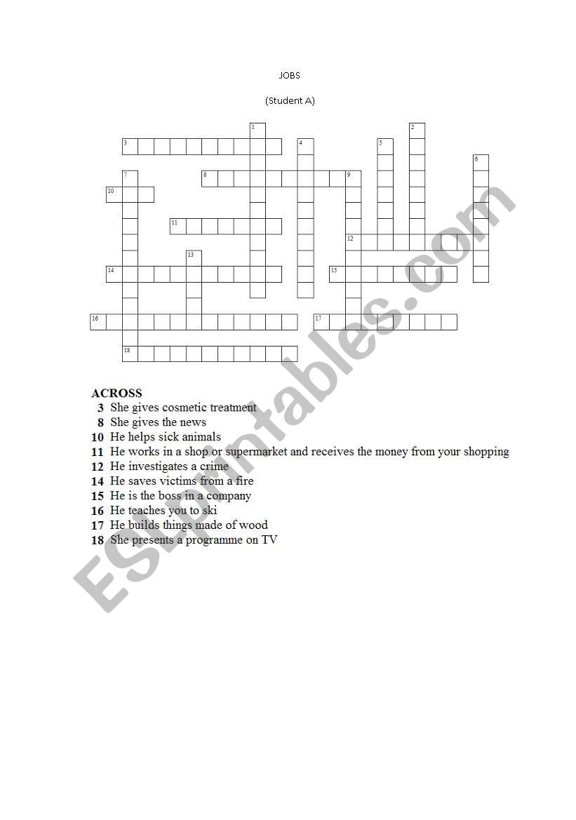 Jobs Crossword (pair work) worksheet