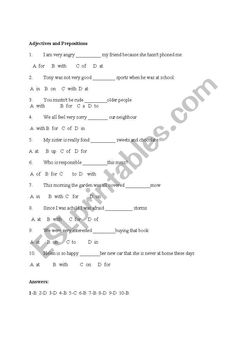 Adjectives and Prepositions worksheet