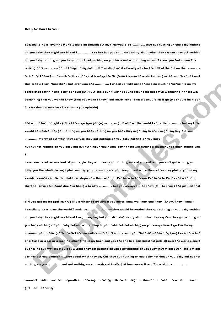 BoB/Bruno Mars/Nothing On You Song Worksheet