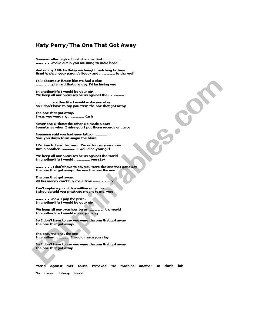 Katy Perry/The One That Got Away Song Worksheet
