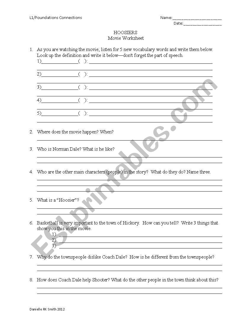 Hoosier Movie Worksheet worksheet