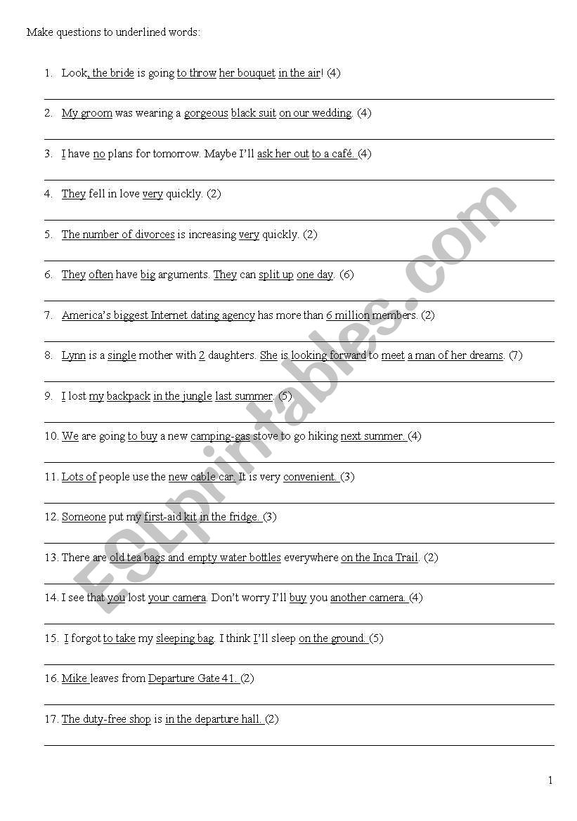 Straightforward Pre-Intermediate Worksheet: Make questions to underlined words