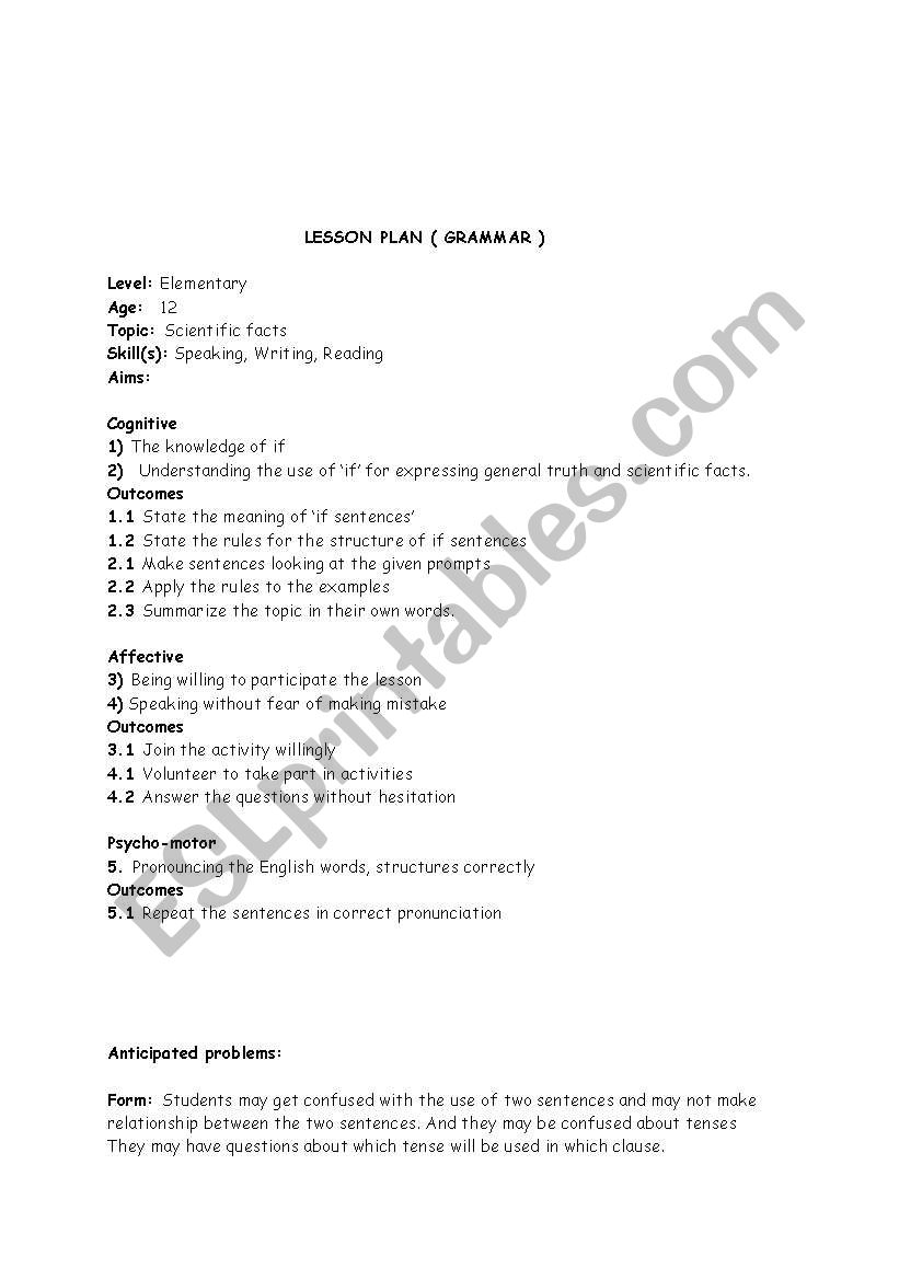 LESSON PLAN OF CONDITIONAL TYPE ZERO