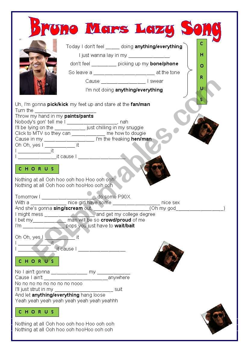 Bruno Mars Lazy Song worksheet