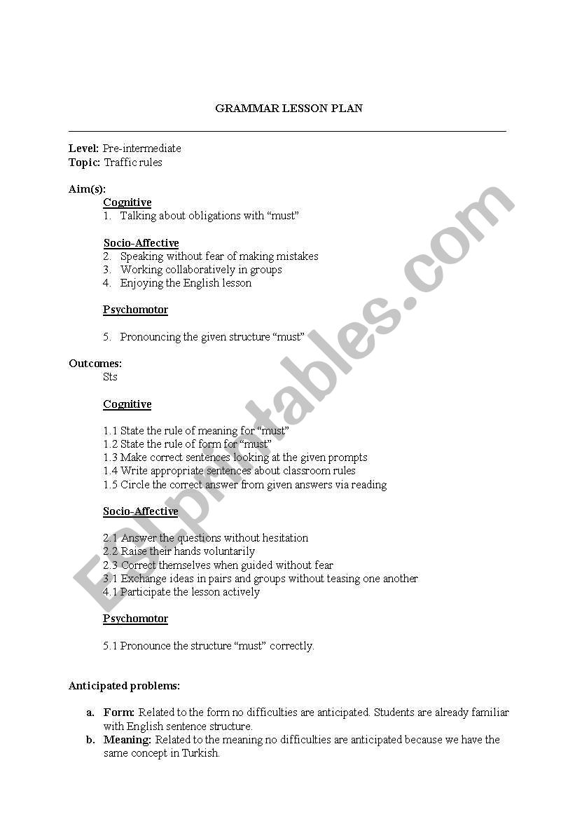 traffic rules (MUST) lesson plan