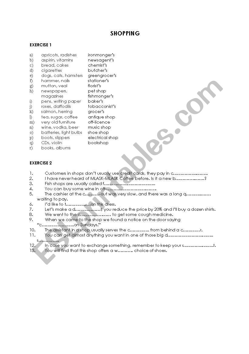 Shopping worksheet