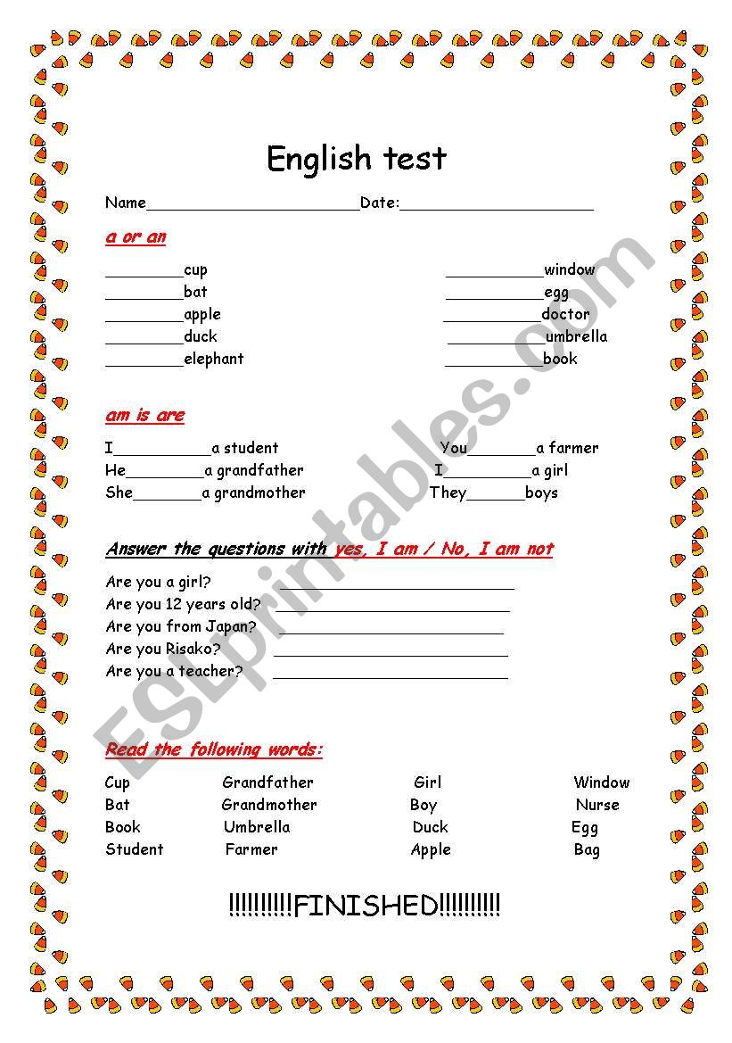 revision test worksheet