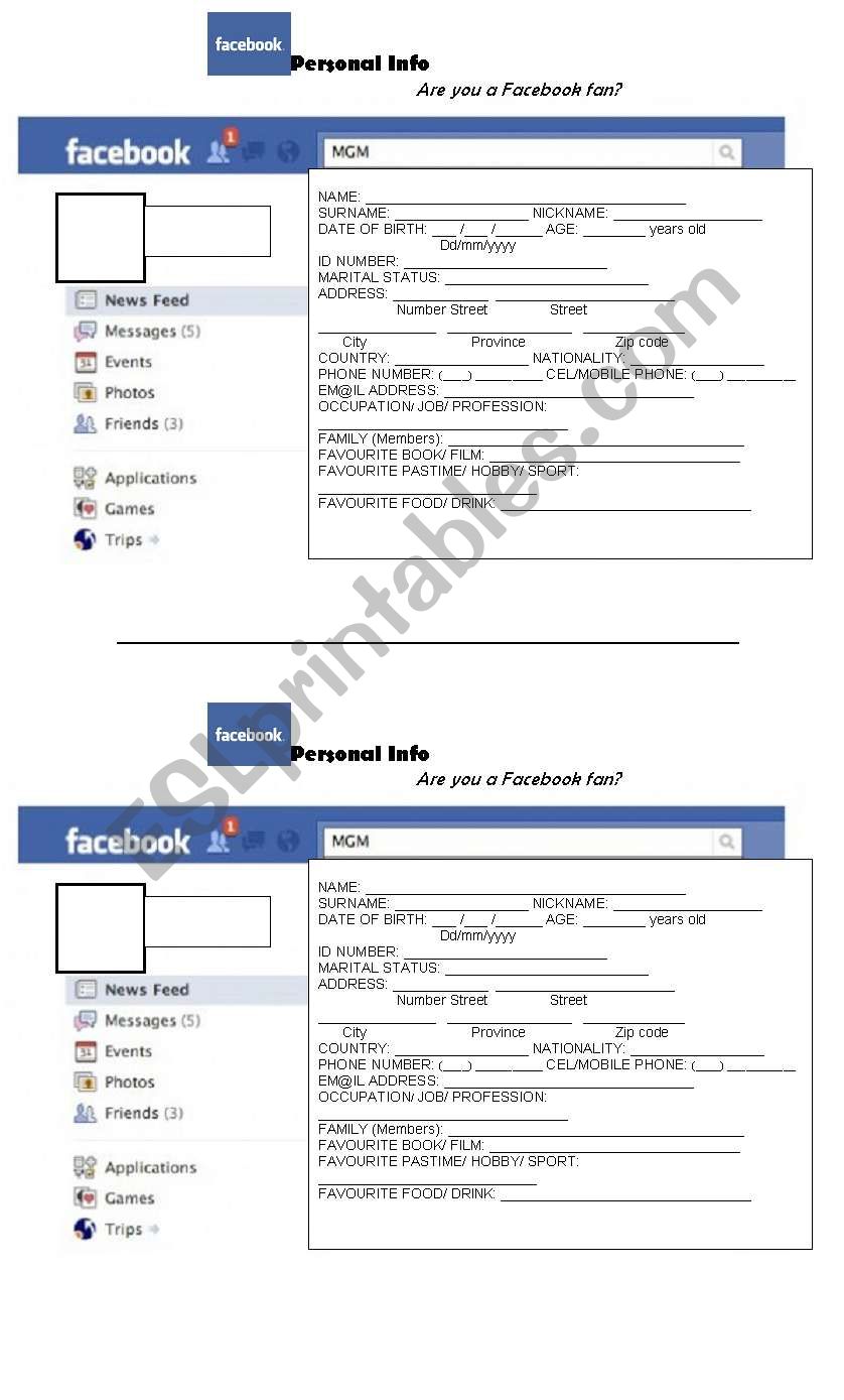 FACEBOOK Personal Info worksheet