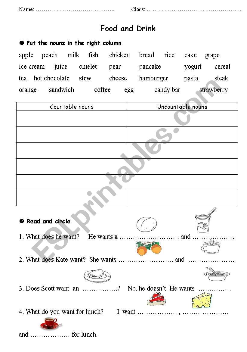 food and drink worksheet